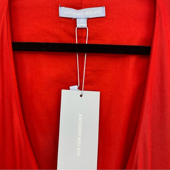 Antonio Melani Solid Red Linen Surplice V-Neck Short Puff Sleeve Wrap Tie Dress - Picture 14 of 15